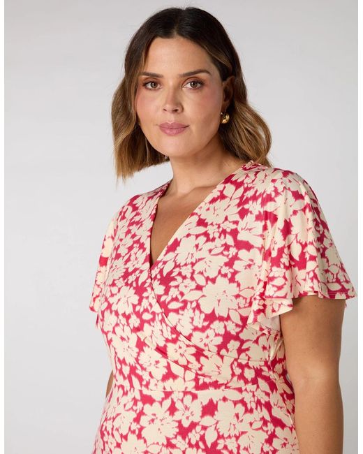 Live Unlimited London Pink Raspberry Floral Flutter Sleeve Wrap Dress
