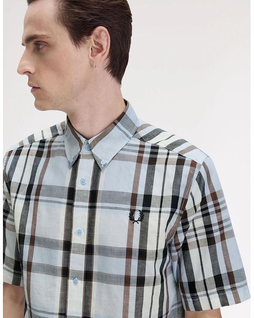 Fred Perry Blue Madras Check Short Sleeve Shirt for men
