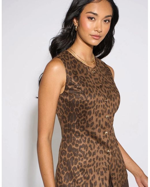 Gini London Brown Animal Print Button Waistcoat Top