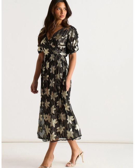 Gini London Black Floral Lurex Wrap Front Dress