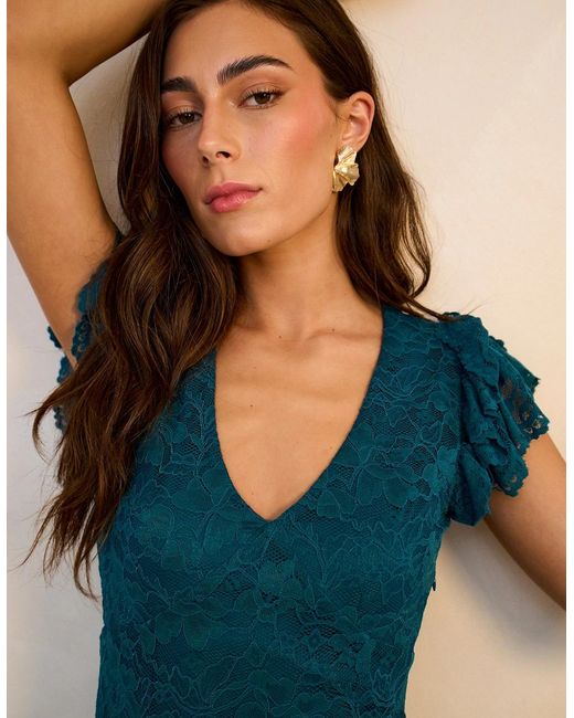 Gini London Blue Jersey Lace V Neck Ruffle Maxi Dress