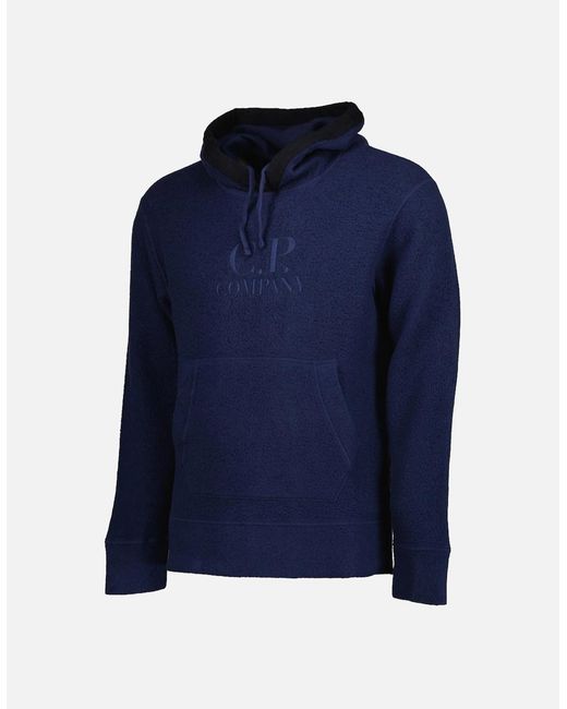 C P Company Blue Wool Polar Fleece Logo Hoodie for men