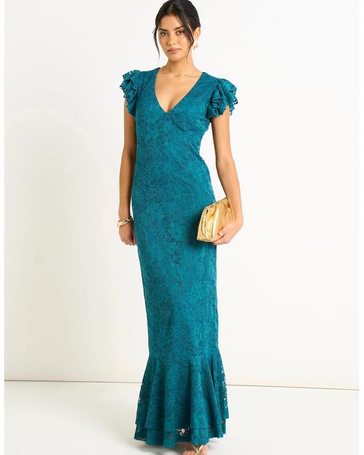 Gini London Blue Jersey Lace V Neck Ruffle Maxi Dress