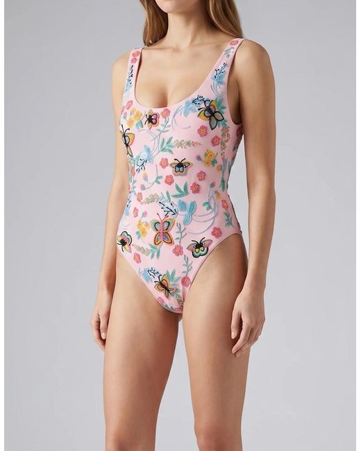 Oceanus Blue Alabama Floral Hand Embroidered One Piece Swimsuit Multi Colour