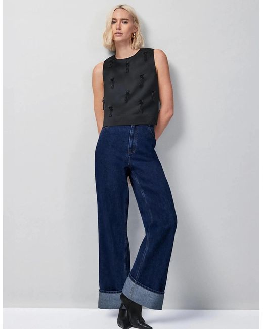 Ro&zo Blue Embroidered Beaded Shell Top