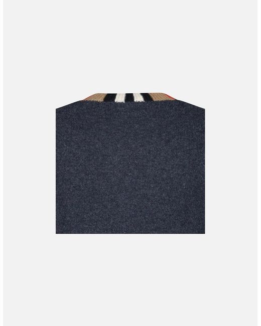 Burberry Blue 'Noland' Knitted Wool/ Cashmere Jumper Check Neck Charcoal for men