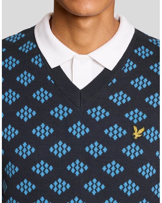Lyle & Scott Blue Cotton V-Neck Argyle Vest for men