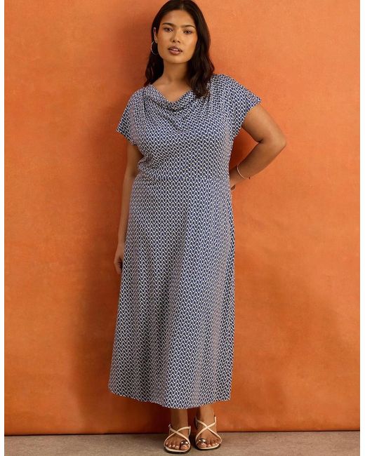 Live Unlimited London Blue Petite Geo Print Cowl Neck Jersey Midaxi Dress