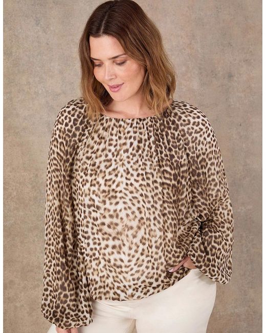 Live Unlimited London Brown Animal Print Blouson Sleeve Boho Blouse