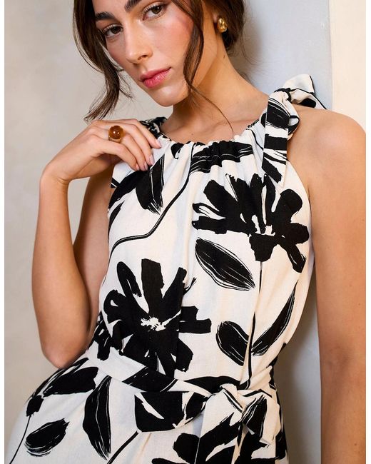 Gini London White Mono Floral Print Tie-Shoulder Belted Trapeze Dress