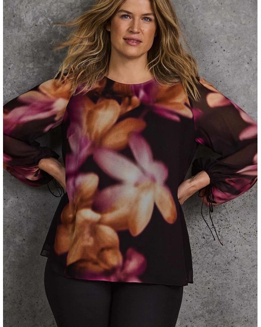 Live Unlimited London Brown Floral Placement Print Tie Sleeve Top