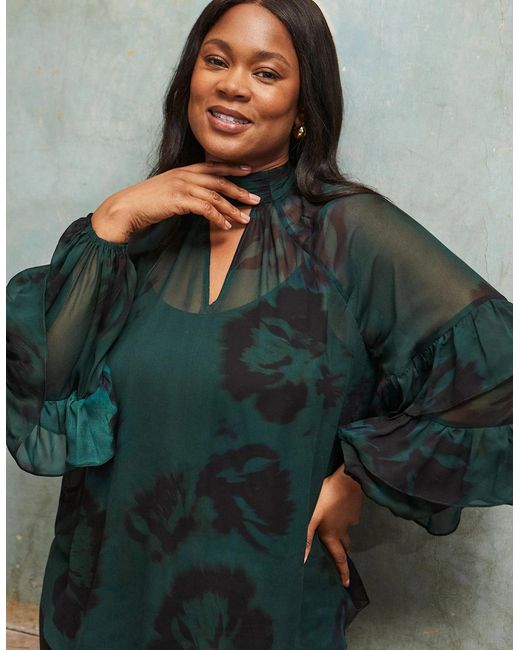 Live Unlimited London Green Floral Print High Neck Ruffle Blouse