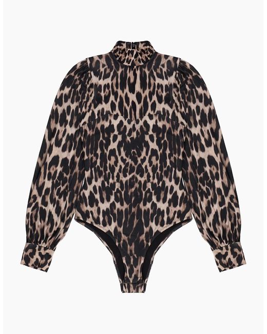 Ro&zo Black Leopard-Print Puff-Sleeve Bodysuit