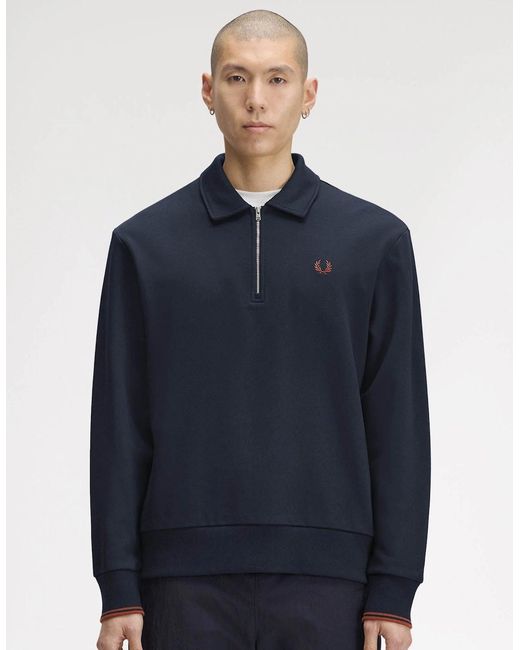 Fred Perry Blue Half Zip Collared Sweatshirt for men