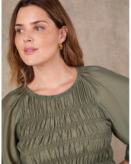Live Unlimited London Green Khaki Shirred Long Sleeve Top