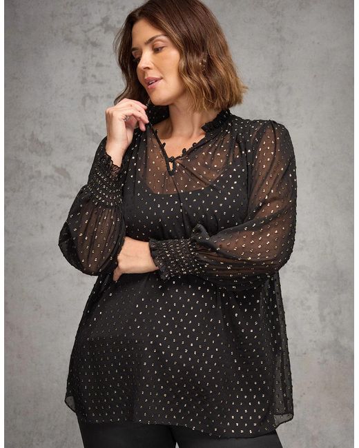 Live Unlimited London Gray Metallic Spot Shirred Cuff Blouse