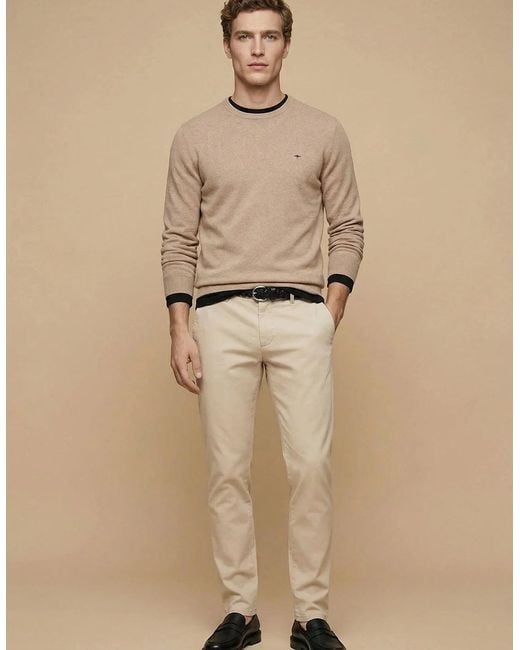 Fynch-Hatton Natural Fine Knit Cotton Crewneck Sweater Taupe for men