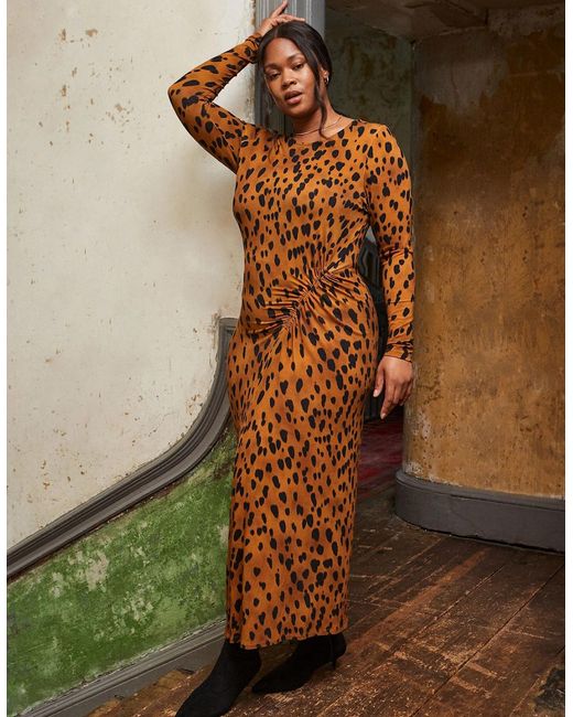 Live Unlimited London Brown Animal Print Ruched Jersey Dress