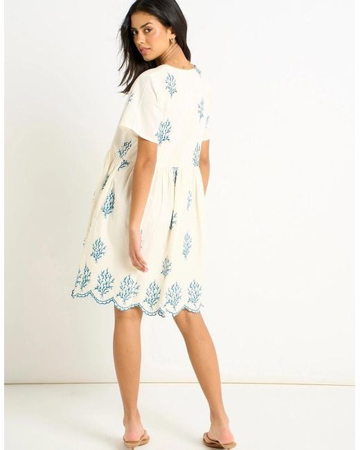 Gini London Natural Marshmallow Cotton Embroidered Smock Mini Dress