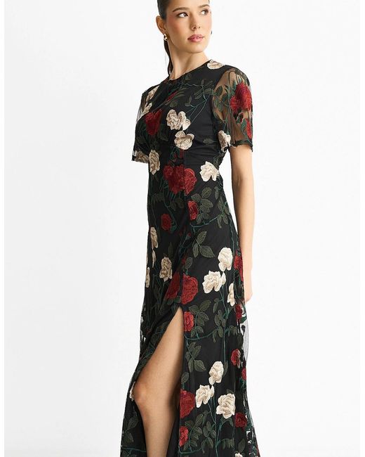 Gini London Black Angel Sleeves Embroidered Occasion Midi Dress