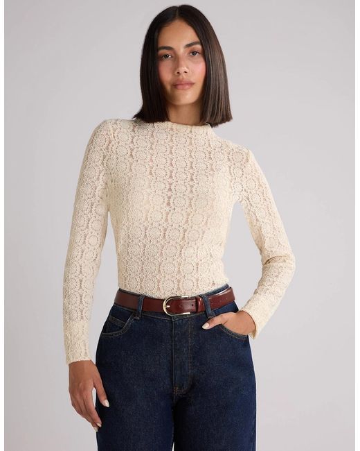 Ro&zo White Ivory Lace High Neck Top