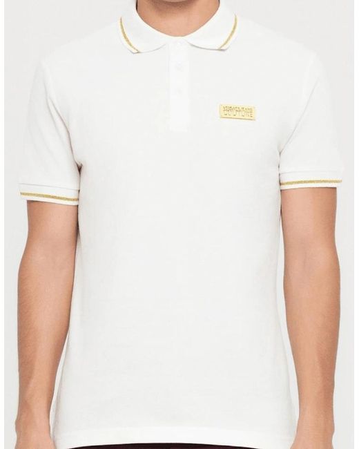Versace White Cotton Metal Logo/ Tipped Polo Shirt for men
