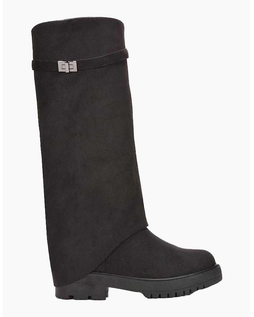 XY London Black Ladies Amina Fold Over Knee-High Low Heel Boots