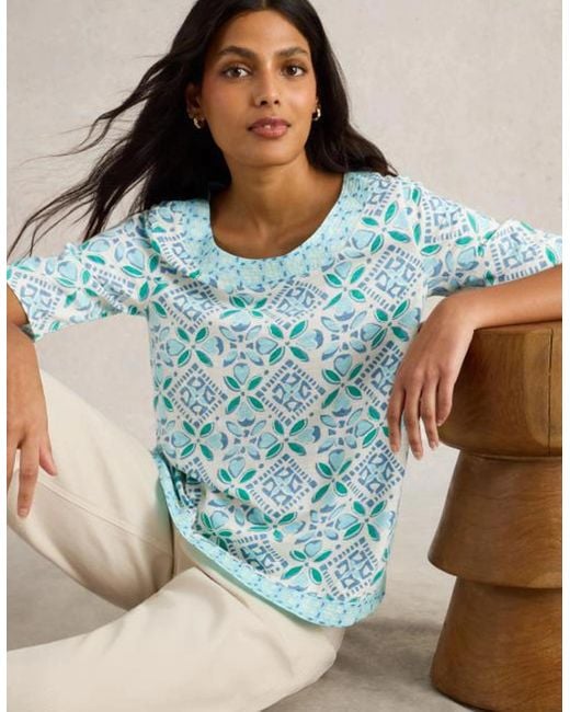 White Stuff Blue Weaver Jersey Tee Print
