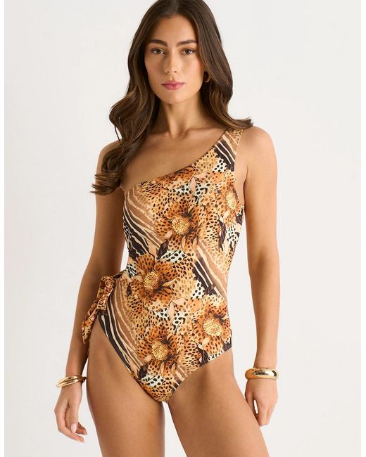 Gini London Brown Animal Floral Cutout One Shoulder Swimsuit