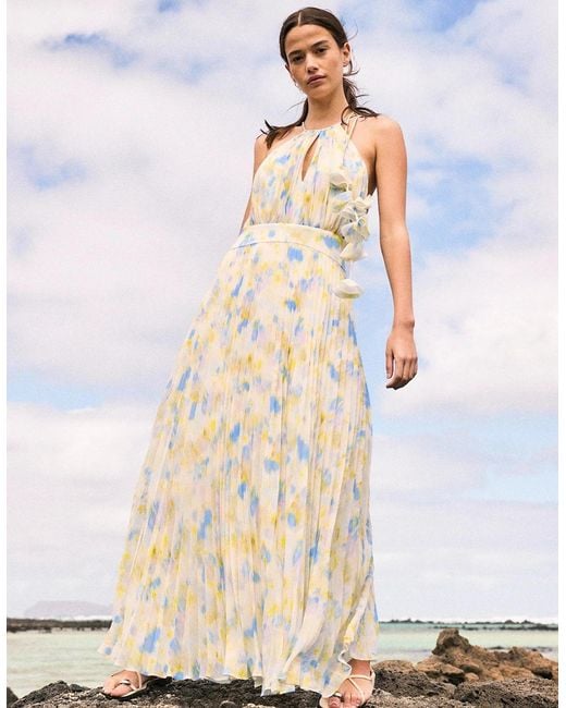 Ro&zo White Allegra Watercolour Floral Pleated Maxi Dress
