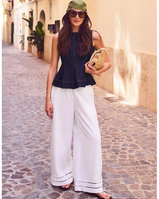 Ro&zo White Ladder Trim Wide Leg Trousers With Linen