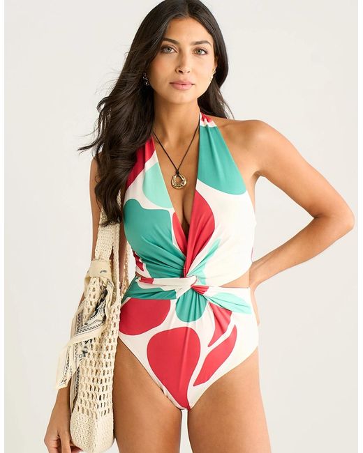 Gini London Red Multi Colour Twist Front Swimsuit