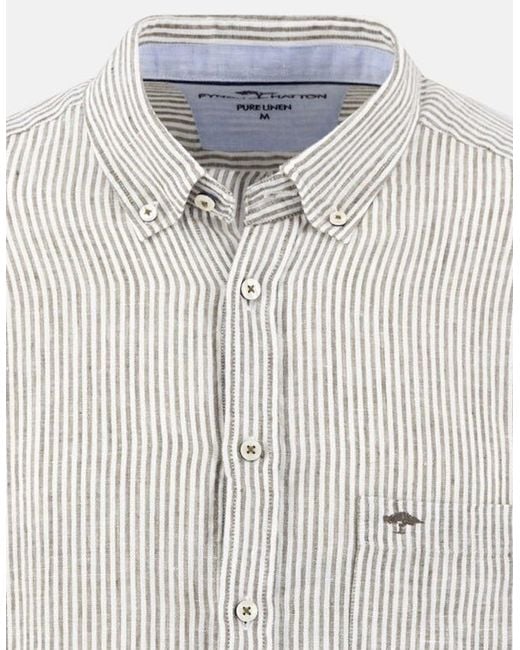 Fynch-Hatton White Bengal Stripe Pure Linen Short Sleeved Shirt Dark Khaki for men