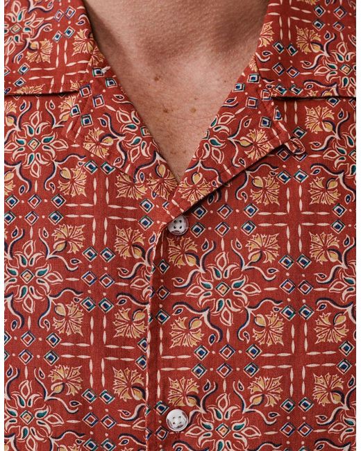 aubi Red Abbey Cuban Collar Short Sleeved Shirt for men