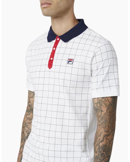 Fila White Polo Shirt Vintage Check Short Sleeve Summer Polo Cotton for men