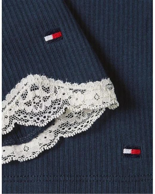 Tommy Hilfiger Blue Th Lace Ribbed Camisole & Shorts Pyjama Set, Dark Night
