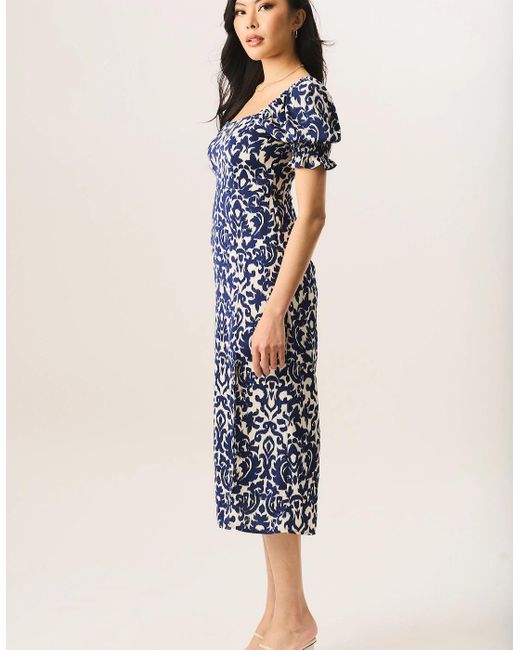 Gini London Blue Short Puff Sleeve Split Hem Midi Dress