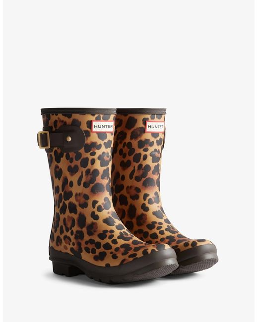 Hunter Brown Original Short Leopard Print Wellington Boots