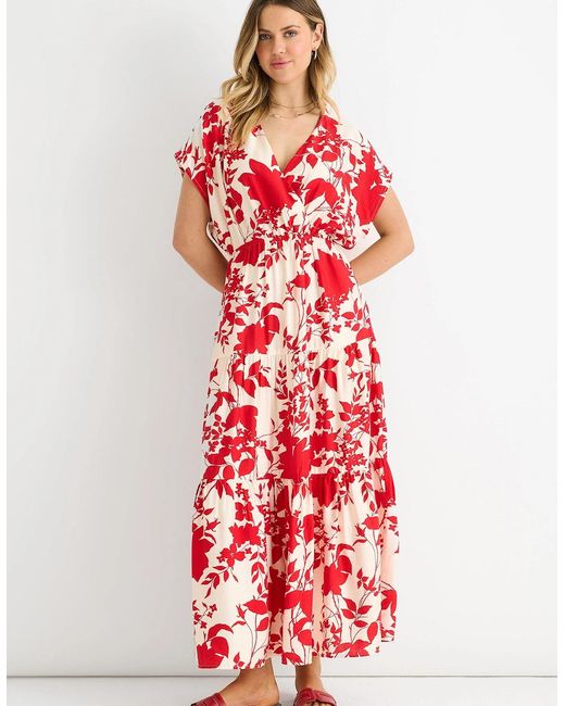 Gini London Red Floral Elastic Waist Maxi Dress
