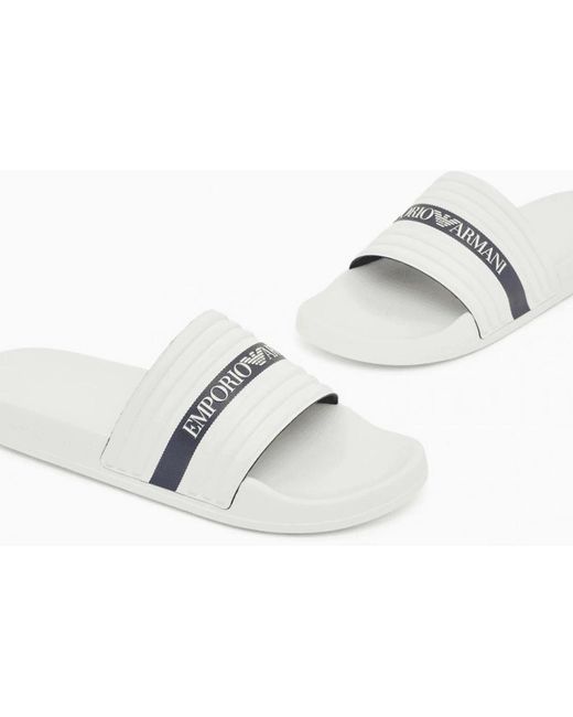 Emporio Armani White Tape Logo Rubber Sliders for men