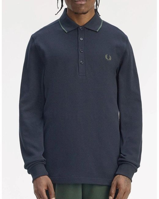 Fred Perry Blue Textured Long Sleeve Polo for men