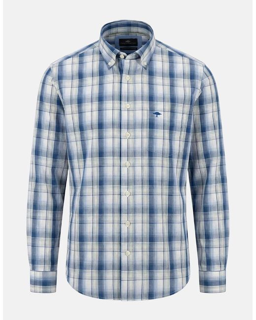 Fynch-Hatton Blue Poplin Check Button Down Shirt Harbour for men