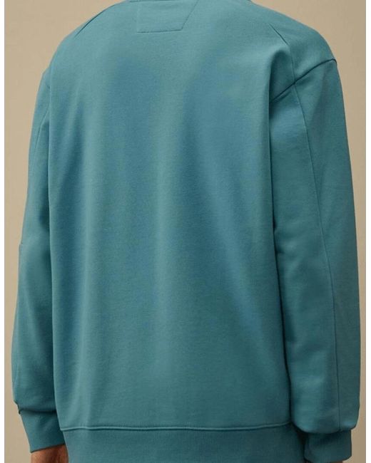 C P Company Blue Cotton Lens Logo Crew Neck Turqoise Sweatshirt for men