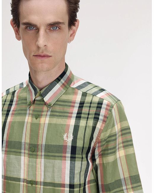 Fred Perry Green Madras Check Short Sleeve Shirt for men
