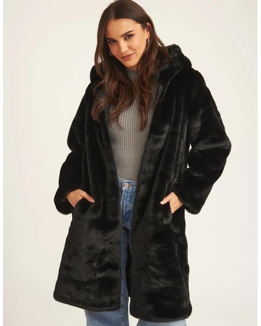 Gini London Black Faux Fur Hooded Longline Coat