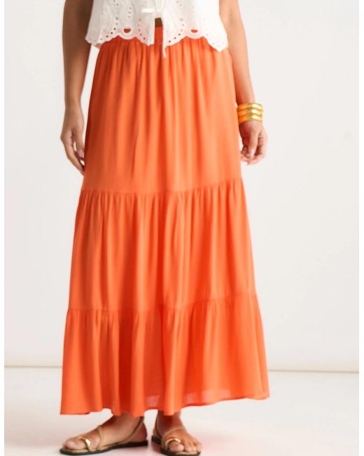 Gini London Orange Viscose Tiered Skater Maxi Skirt