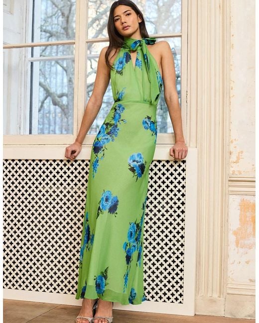 Ro&zo Green Athena Floral-Print Tie-Detail Dress