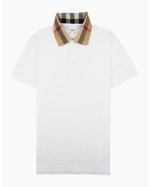 Burberry White Check Collar Cotton Polo Shirt for men