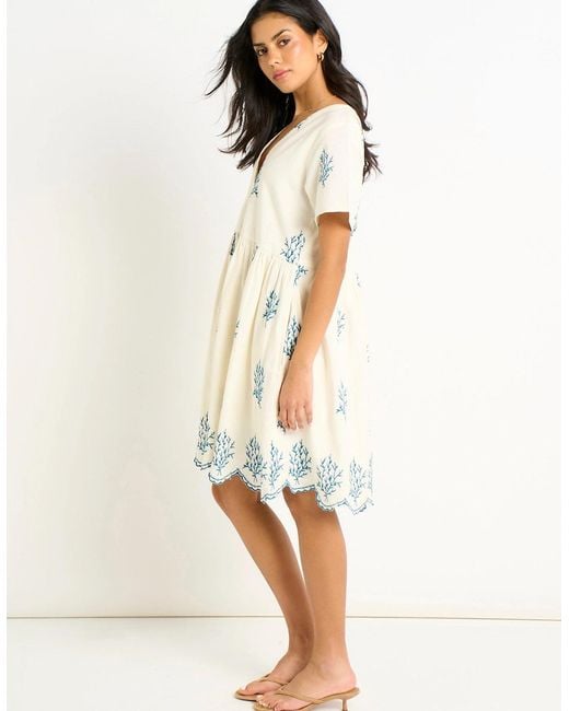 Gini London Natural Marshmallow Cotton Embroidered Smock Mini Dress
