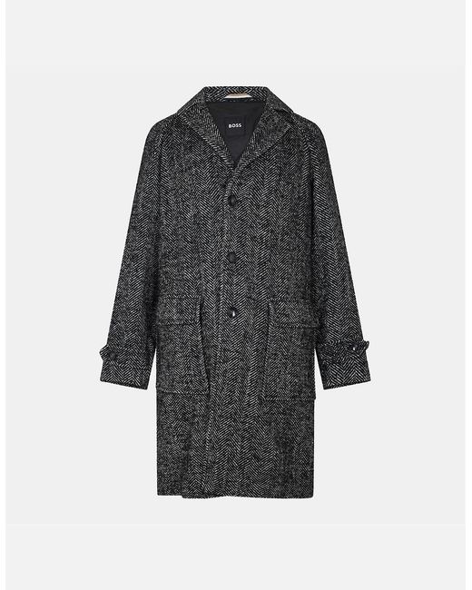 Boss Gray Herringbone Tweed Coat With Flap Pocket And Button Placket for men
